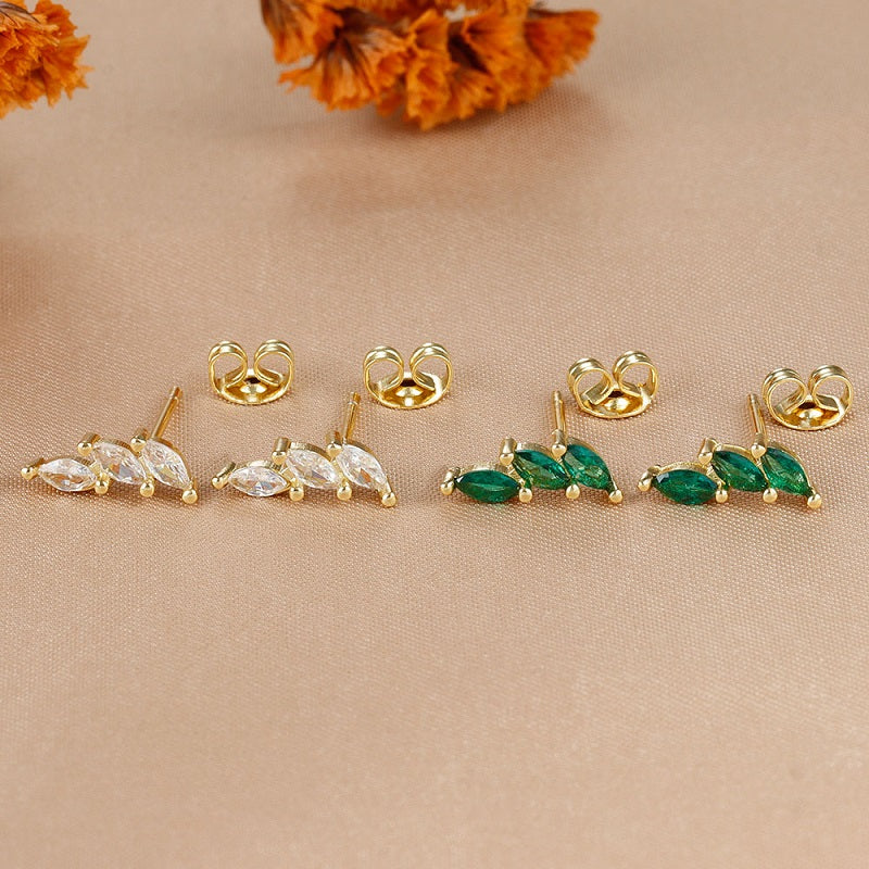 Luxury Green Crystal Zircon Leaves Stud Earrings for Women Fashion Gold Color Geometric Piercing Earring Bride Wedding Jewelry