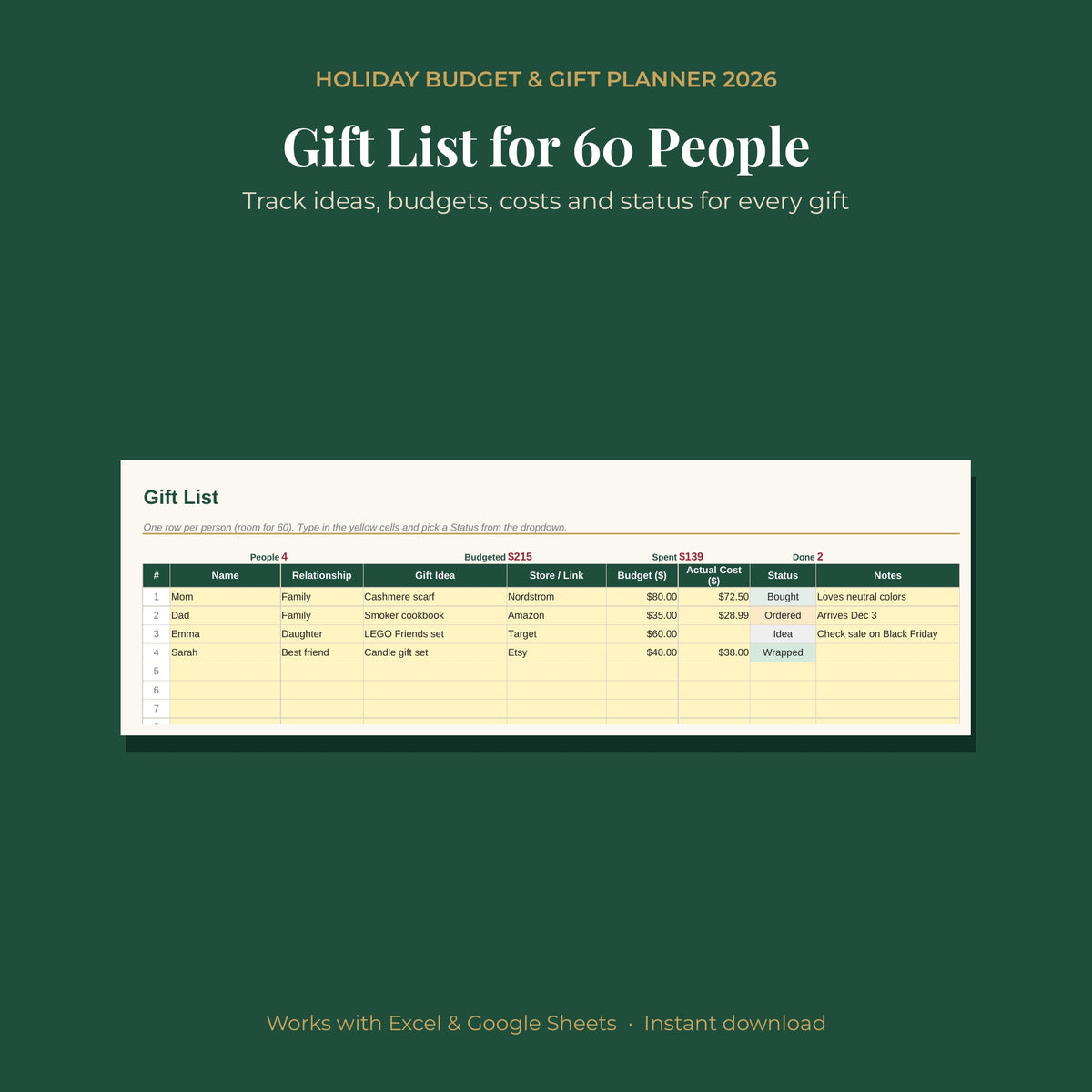 Holiday Budget & Gift Planner 2026 Spreadsheet