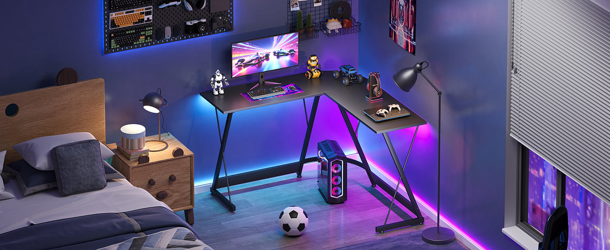 Coleshome Gaming Table 120x120 cm Gaming desk L Shape Stable Carbon Fiber Black