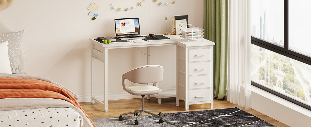 Coleshome Corner Desk, 100X70Cm Desk L Shape with 4 Drawers, Reversible Computer Gaming Desk for Office Study Bedroom, White