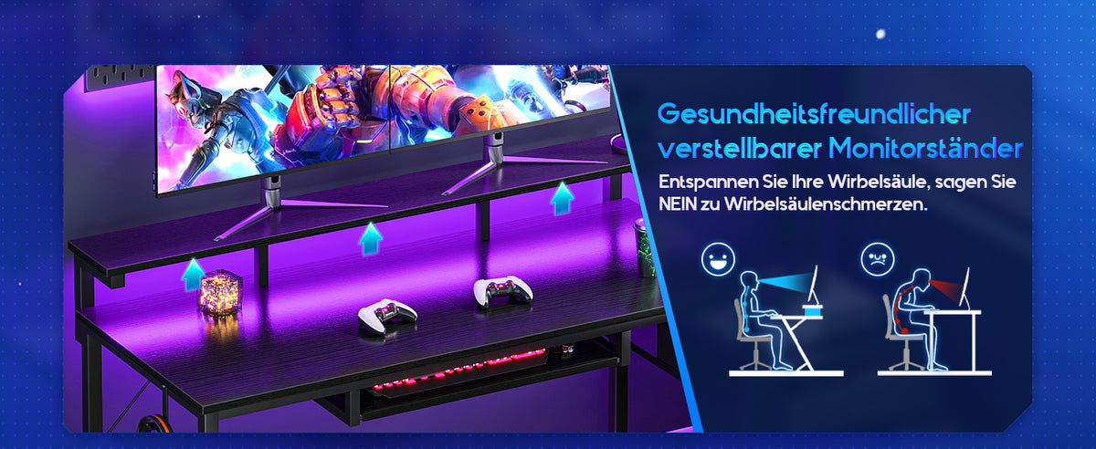 Coleshome gaming desk with LED, 140x48 cm, black, cloth drawers, 2 sockets and 2 USB ports, Home Office monitor stand