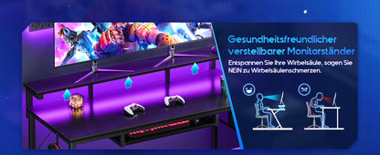 Coleshome gaming desk with LED, 140x48 cm, black, cloth drawers, 2 sockets and 2 USB ports, Home Office monitor stand