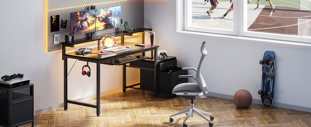Coleshome gaming desk with LED, 140x48 cm, black, cloth drawers, 2 sockets and 2 USB ports, Home Office monitor stand