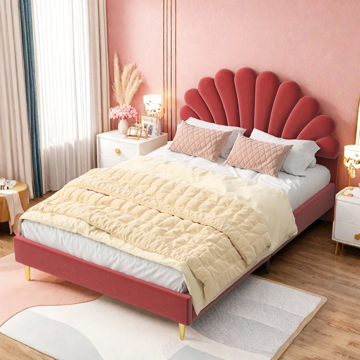 Creahappy, 140×200 cm Double Bed, Teen Bed, Girls’ Bed, Children’S Bed, Upholstered Bed, Kids’ Bed, Secondary Bedroom Bed, Guest Room Bed, Sturdy And Quiet Bed Frame, Trendy “Girl-Style” Bedroom Bed Frame, Velvet,