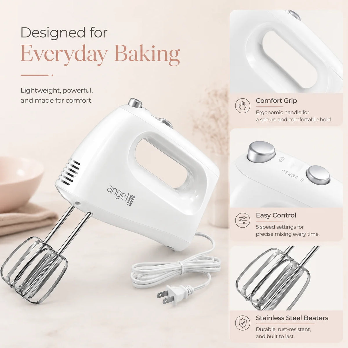 Everyday Baking Hand Mixer, 400W 5-Speed Electric Kitchen Mixer with Dough Hooks, Turbo Beaters and Whisk for Cake, Cookie Dough and Cream
