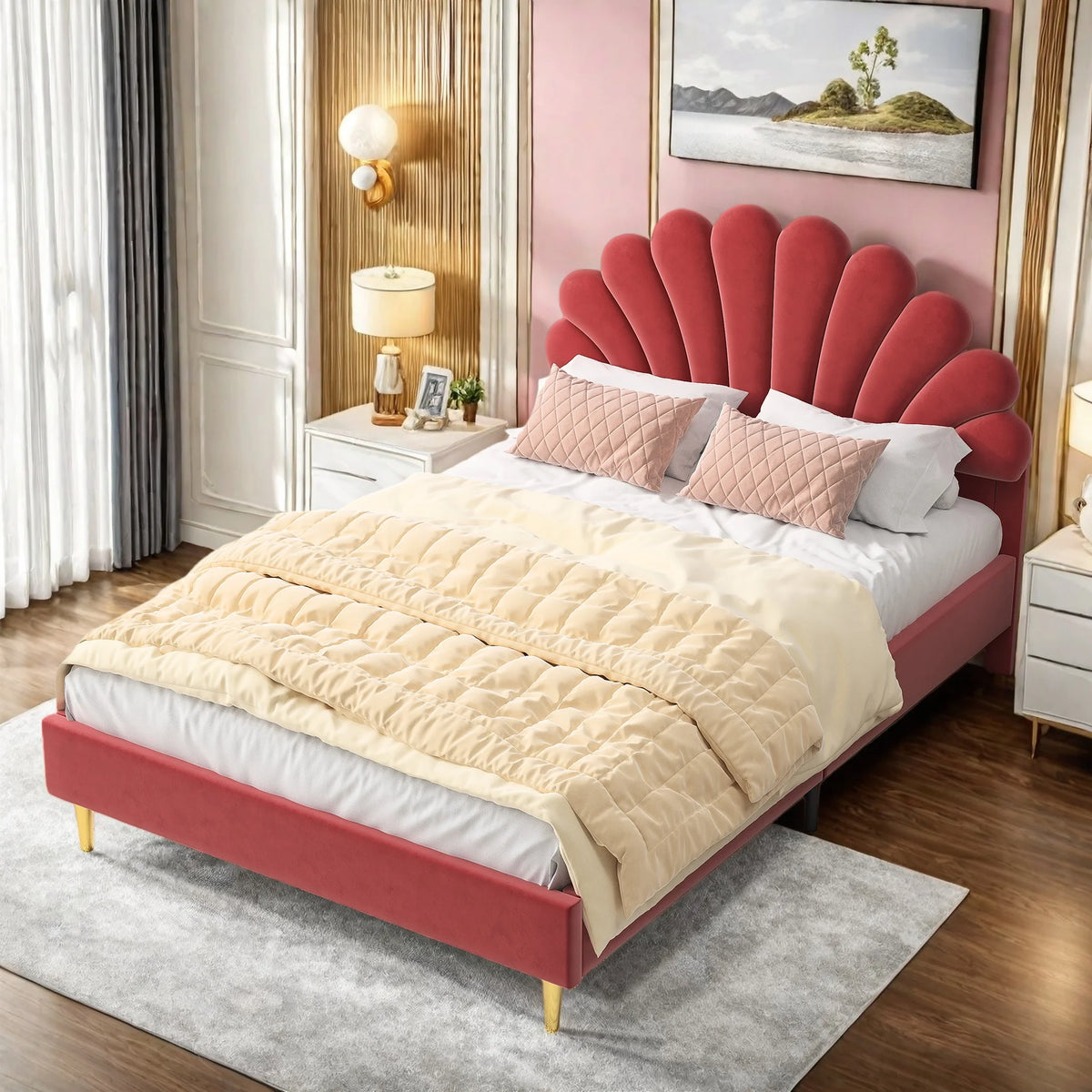 Creahappy, 140×200 cm Double Bed, Teen Bed, Girls’ Bed, Children’S Bed, Upholstered Bed, Kids’ Bed, Secondary Bedroom Bed, Guest Room Bed, Sturdy And Quiet Bed Frame, Trendy “Girl-Style” Bedroom Bed Frame, Velvet,