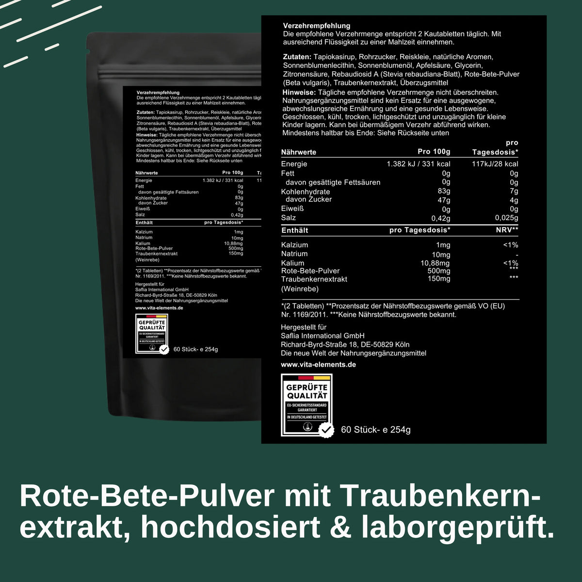 Beetroot chewable tablets | Dietary supplements | With beetroot powder & Grape seed extract | Laboratory tested in Germany | Vegan | Caffeine free | 60 chewable tablets | Set of 3