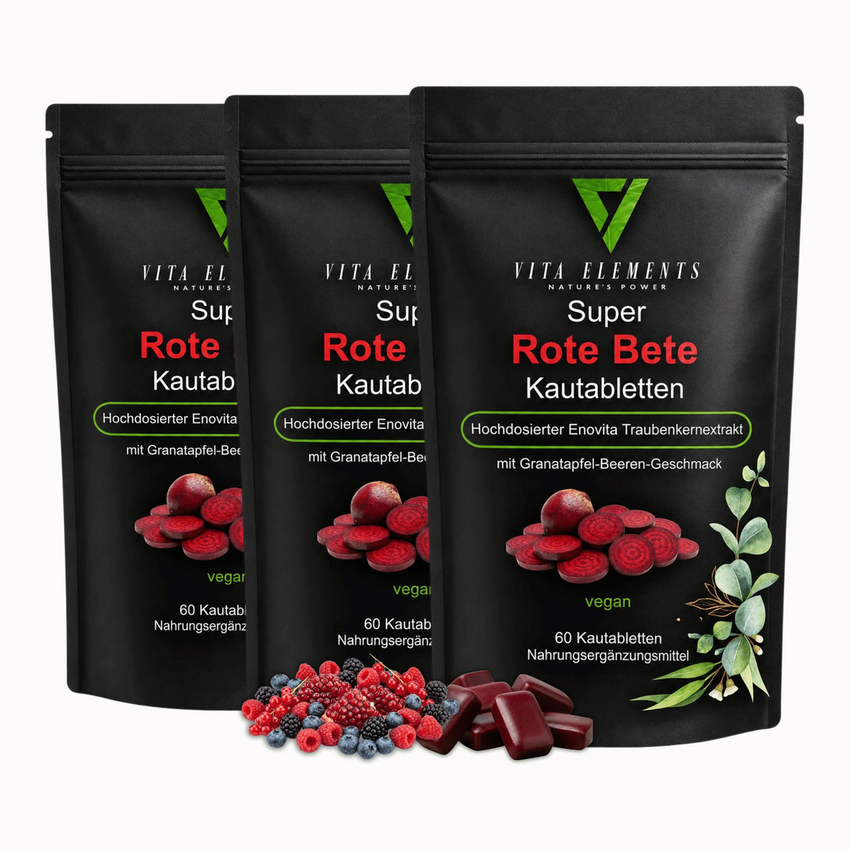 Beetroot chewable tablets | Dietary supplements | With beetroot powder & Grape seed extract | Laboratory tested in Germany | Vegan | Caffeine free | 60 chewable tablets | Set of 3