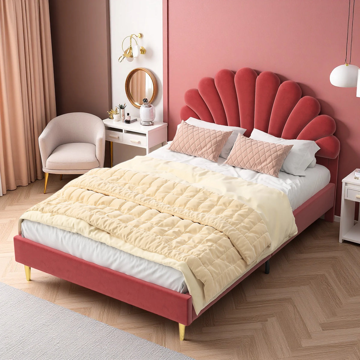 Creahappy, 140×200 cm Double Bed, Teen Bed, Girls’ Bed, Children’S Bed, Upholstered Bed, Kids’ Bed, Secondary Bedroom Bed, Guest Room Bed, Sturdy And Quiet Bed Frame, Trendy “Girl-Style” Bedroom Bed Frame, Velvet,
