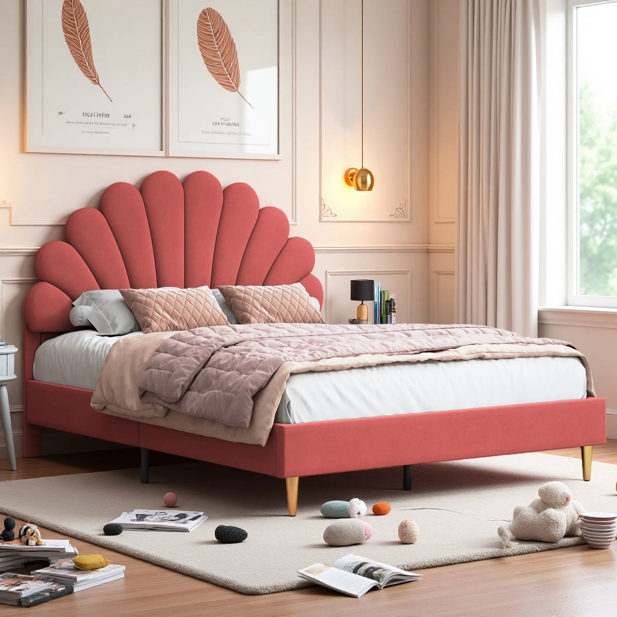 Creahappy, 140×200 cm Double Bed, Teen Bed, Girls’ Bed, Children’S Bed, Upholstered Bed, Kids’ Bed, Secondary Bedroom Bed, Guest Room Bed, Sturdy And Quiet Bed Frame, Trendy “Girl-Style” Bedroom Bed Frame, Velvet,