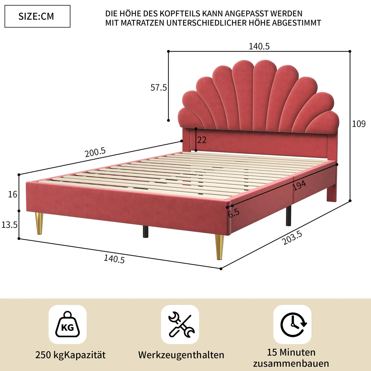 Creahappy, 140×200 cm Double Bed, Teen Bed, Girls’ Bed, Children’S Bed, Upholstered Bed, Kids’ Bed, Secondary Bedroom Bed, Guest Room Bed, Sturdy And Quiet Bed Frame, Trendy “Girl-Style” Bedroom Bed Frame, Velvet,