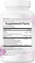 Micro-Ingredient Multi-Collagen Peptide Pills, 240 capsules. Suitable for both women and men. Type I, II, III, V, and X hydrolyzed collagen supplements, containing biotin, hyaluronic acid, and vitamin C, with no fillers.