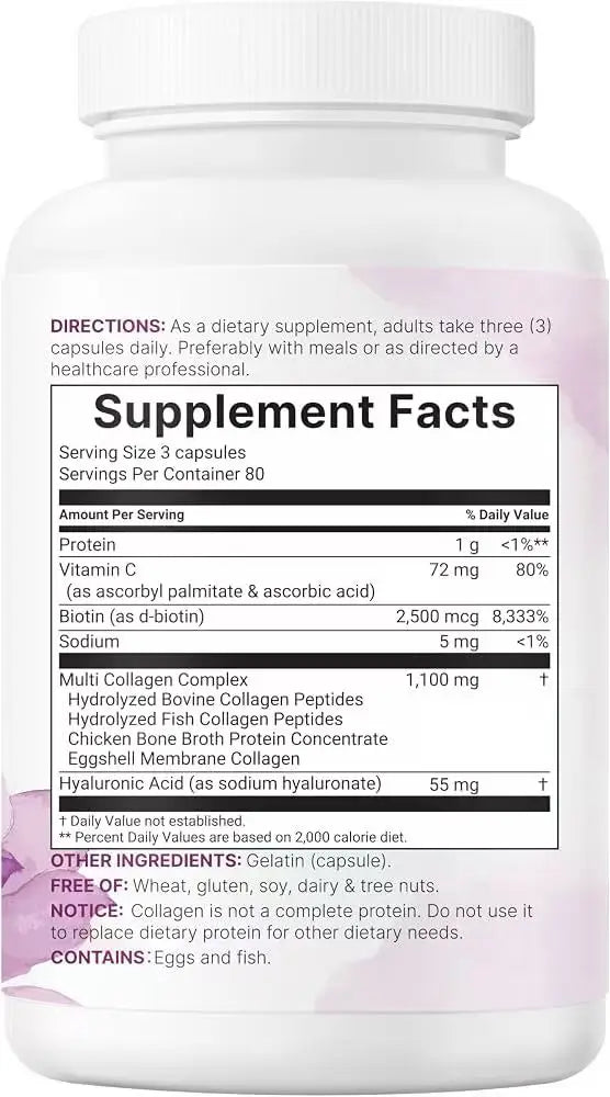 Micro-Ingredient Multi-Collagen Peptide Pills, 240 capsules. Suitable for both women and men. Type I, II, III, V, and X hydrolyzed collagen supplements, containing biotin, hyaluronic acid, and vitamin C, with no fillers.