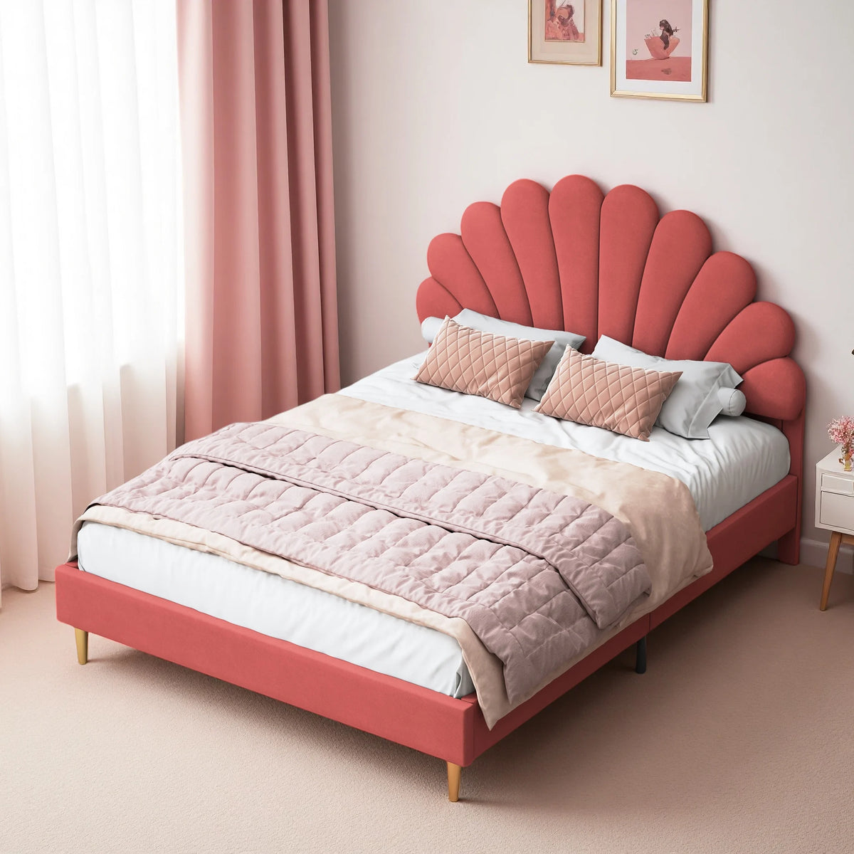 Creahappy, 140×200 cm Double Bed, Teen Bed, Girls’ Bed, Children’S Bed, Upholstered Bed, Kids’ Bed, Secondary Bedroom Bed, Guest Room Bed, Sturdy And Quiet Bed Frame, Trendy “Girl-Style” Bedroom Bed Frame, Velvet,