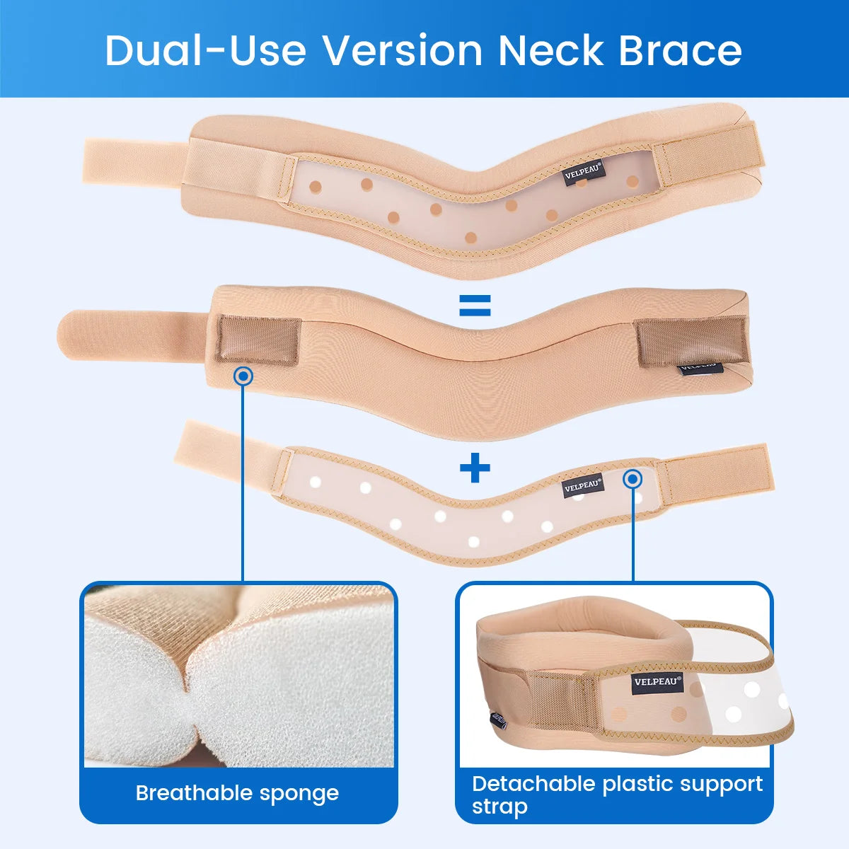 VELPEAU Foam Neck Support Brace for Neck Pain and Posture Correction, Adjustable Cervical Collar with Replaceable Sleeve