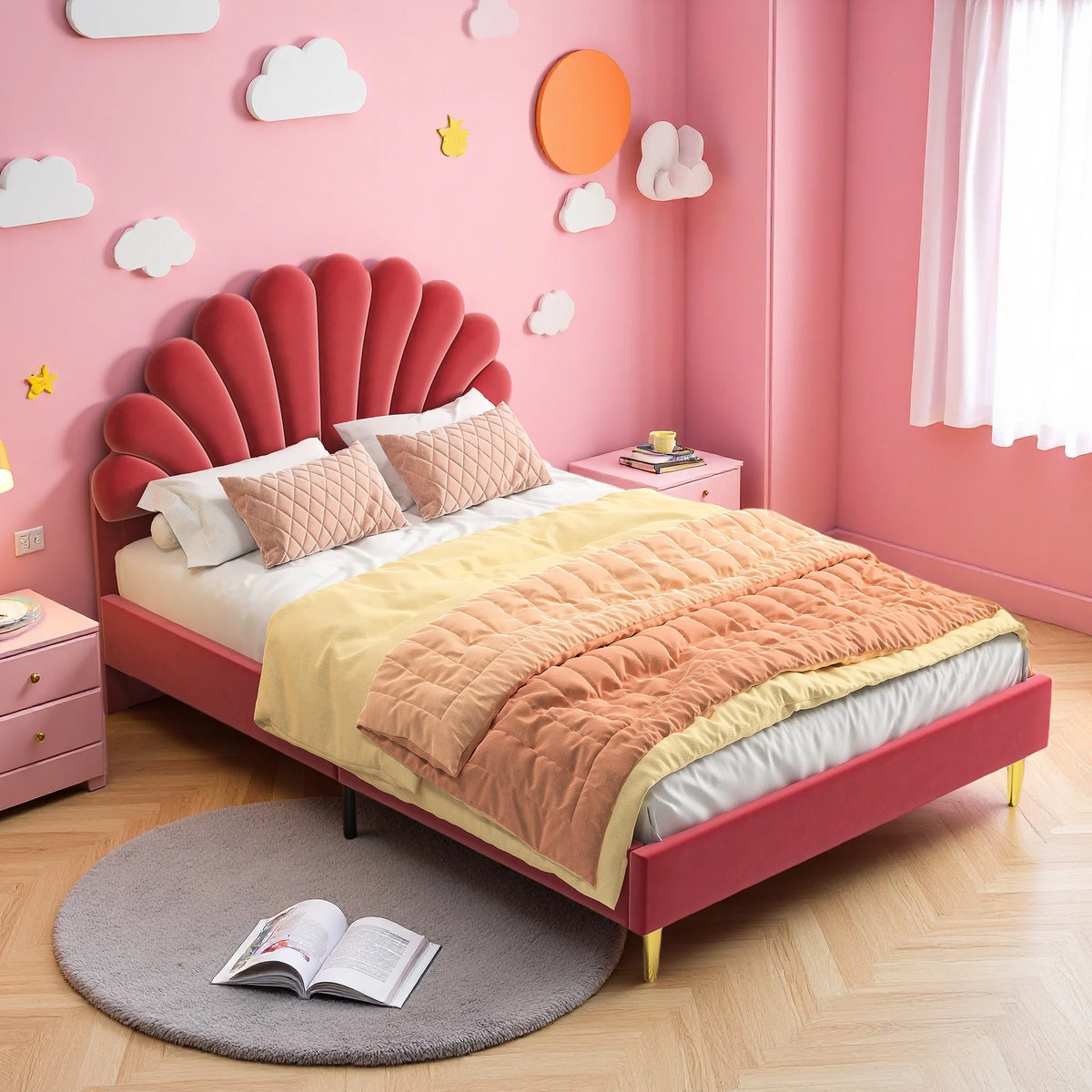 Creahappy, 140×200 cm Double Bed, Teen Bed, Girls’ Bed, Children’S Bed, Upholstered Bed, Kids’ Bed, Secondary Bedroom Bed, Guest Room Bed, Sturdy And Quiet Bed Frame, Trendy “Girl-Style” Bedroom Bed Frame, Velvet,