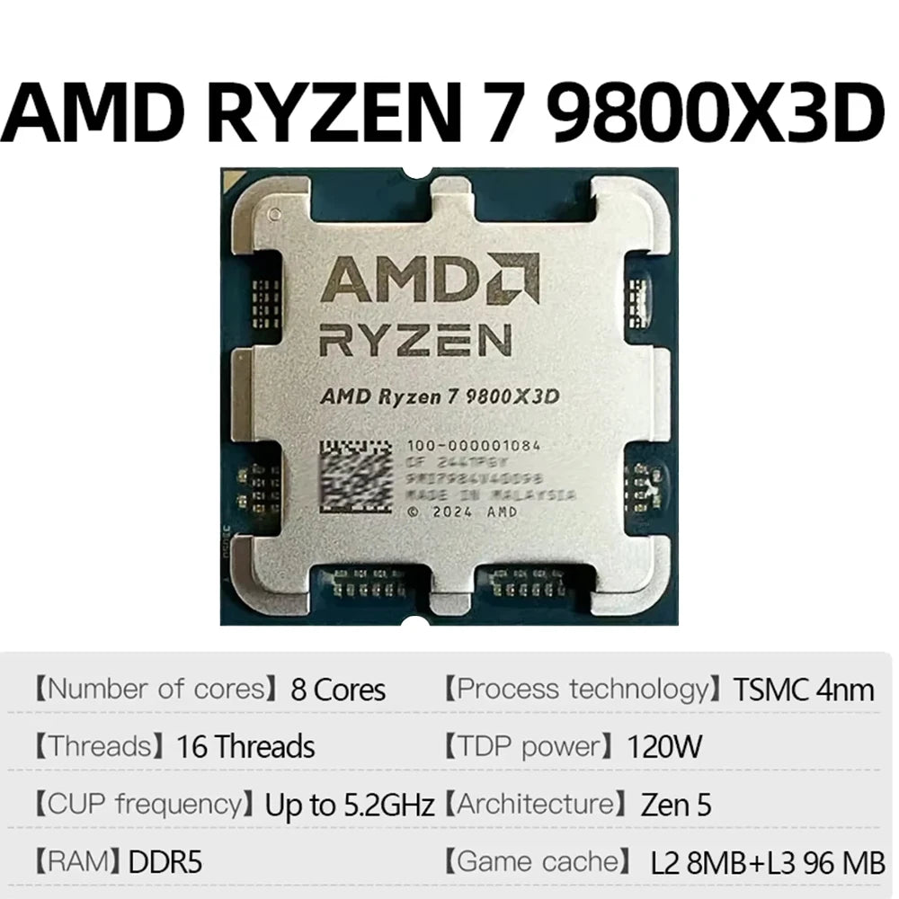AMD Ryzen 7 9800X3D Desktop Processor  Zen 5 Processor Architecture 8 Cores 16 Threads AM5 CPU Socket PCIe 5.0 Express Version