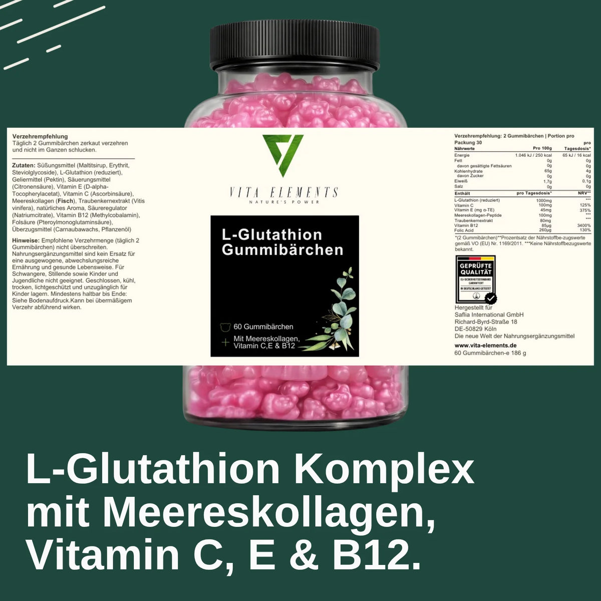 L-Glutathione Gummies |   Laboratory Tested in Germany |   Food Supplements |   With Vitamin C and Vitamin E |   With Collagen |   Fruity Gummy Candy |   Free from Genetic Modification |   60 Gummy Bears