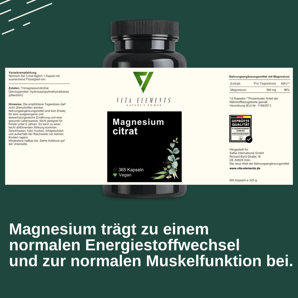 Magnesium Citrate Capsules |   Laboratory Tested in Germany |   Health Supplements |   2320 Mg Magnesium Citrate Per Day |   360 Mg Magnesium |   Vegan |   Free from Genetic Modification |   365 Capsules