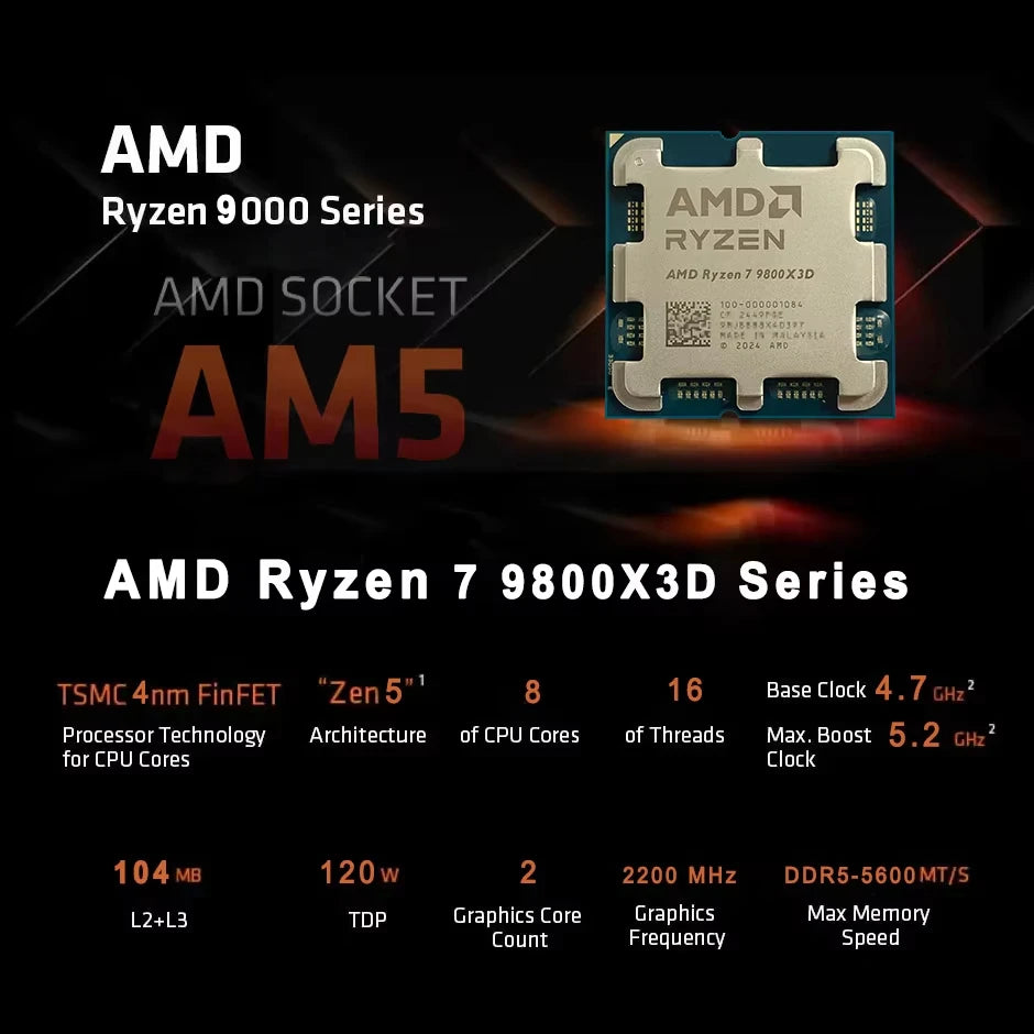 AMD Ryzen 7 9800X3D Desktop Processor  Zen 5 Processor Architecture 8 Cores 16 Threads AM5 CPU Socket PCIe 5.0 Express Version