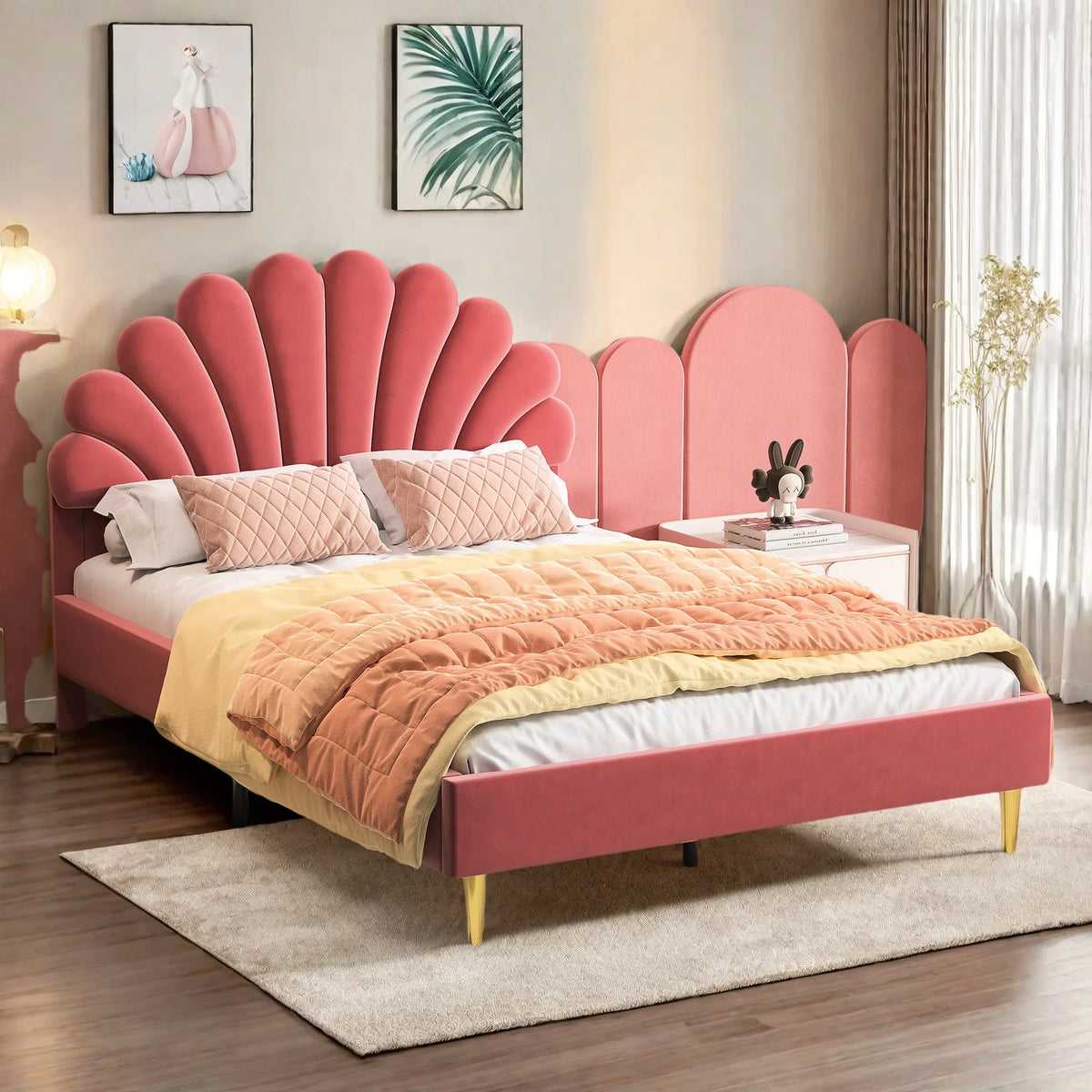 Creahappy, 140×200 cm Double Bed, Teen Bed, Girls’ Bed, Children’S Bed, Upholstered Bed, Kids’ Bed, Secondary Bedroom Bed, Guest Room Bed, Sturdy And Quiet Bed Frame, Trendy “Girl-Style” Bedroom Bed Frame, Velvet,