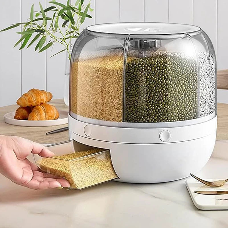 360° rotating 6-grid grain dispenser, one-touch output storage container for rice grain sealing and moisture-proof organizer