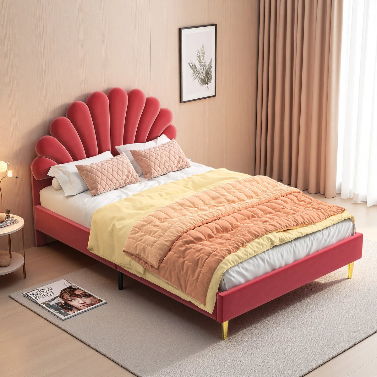 Creahappy, 140×200 cm Double Bed, Teen Bed, Girls’ Bed, Children’S Bed, Upholstered Bed, Kids’ Bed, Secondary Bedroom Bed, Guest Room Bed, Sturdy And Quiet Bed Frame, Trendy “Girl-Style” Bedroom Bed Frame, Velvet,