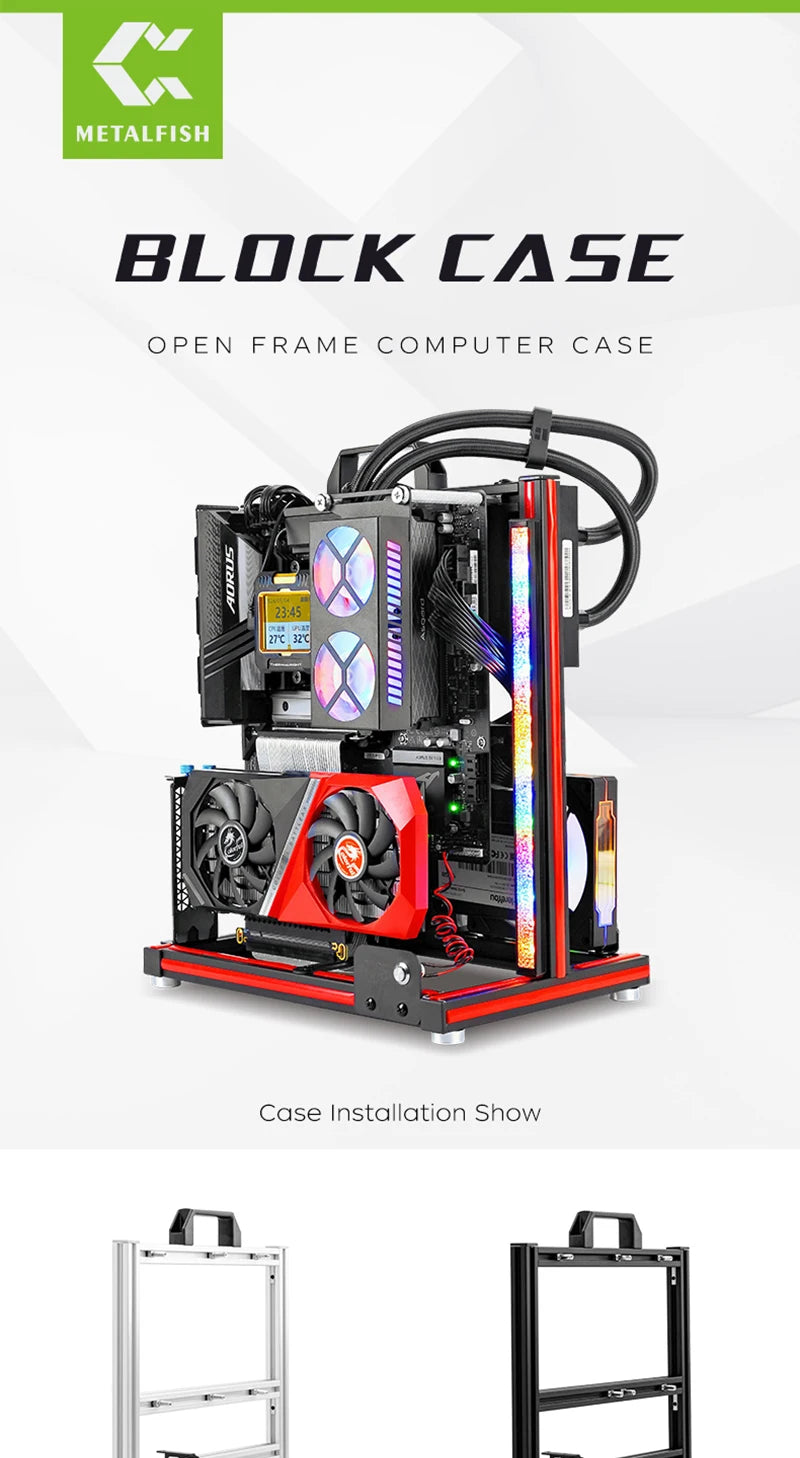 METALFISH BlockCase Aluminum Open Frame Case Support ATX/M-ATX Mainboard GPU Mount Horizontally 240 Water Cooler Gaming Cabinet