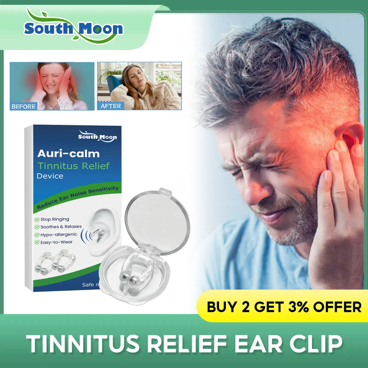 Tinnitus Relief Ear Clip Treat Ringing Relieve Pain Dizziness Otitis Improve Hearing Calming Ear Set Pressure Portable Ear Tools
