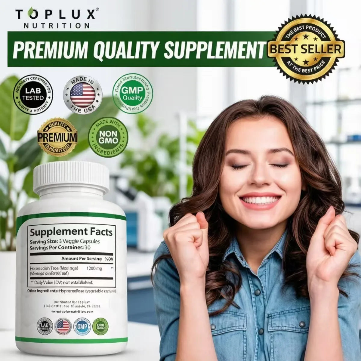 Moringa 1200mg Ultra High Purity Maximum Potency Nutritional Supplement Capsules - 90 Count