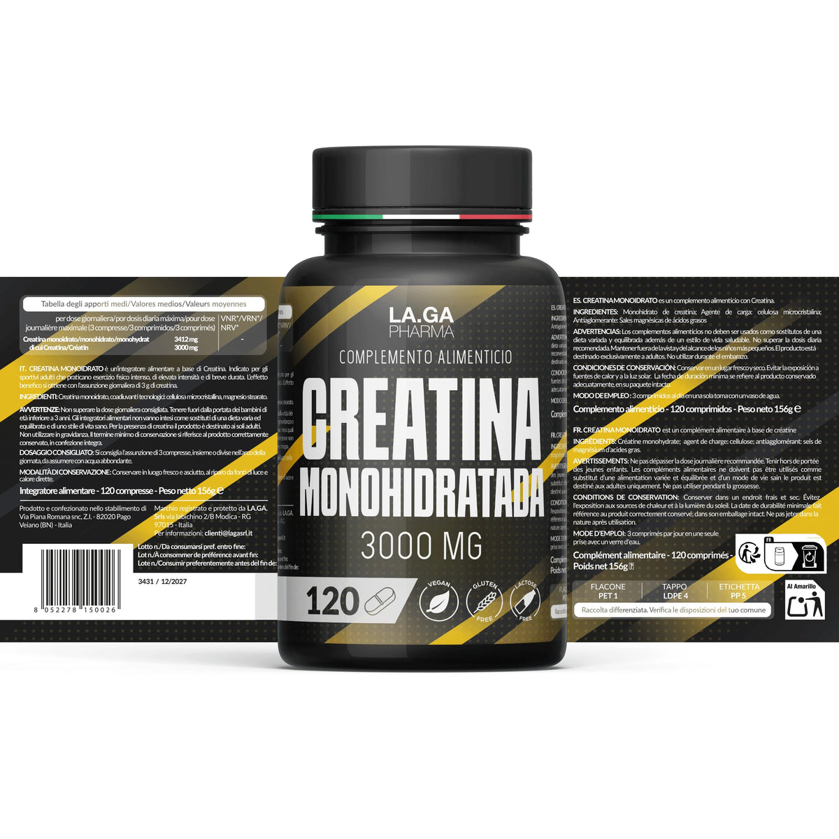 [2PCS PROMO] Creatine Monohydrate 120 Tablets of 3000mg Creatin Pura per dose. Creatine Monohydrate for Muscle Mass and Energy Boost. Creatine Pre and Post Workout. Creatine Made in Italy, 100% Vegan | LAGA Pharma. LAGA Healt