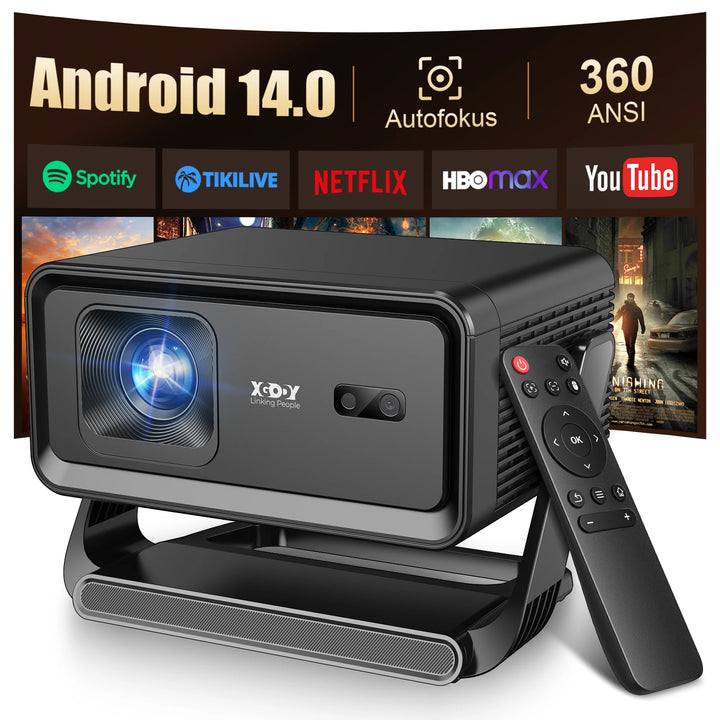 Xgody Auto Focus Android14 4K Projector 360Ansi 8K Native 720P Gimbal A1 with Wifi6 Bt5.4 Allwinner H726 Portable Outdoor