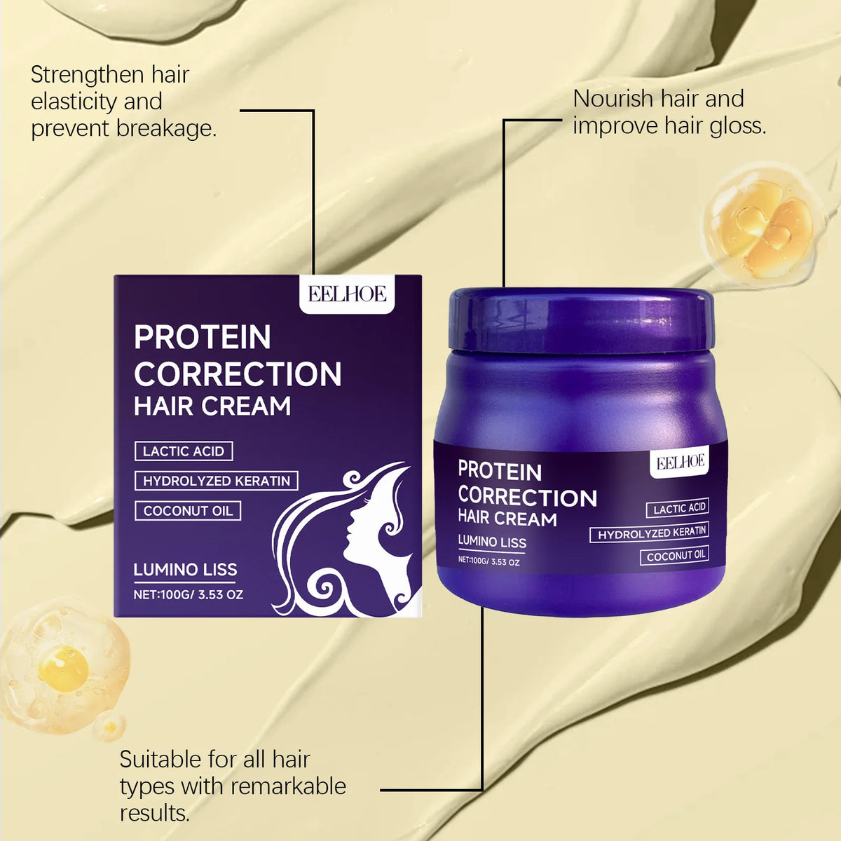 Protein Hair Straightening Cream with Silk Shine Technology Smooth Frizz Hair Intensive Dry Damaged Repair Keratin Hair Treatment Hydrating Hair Mask