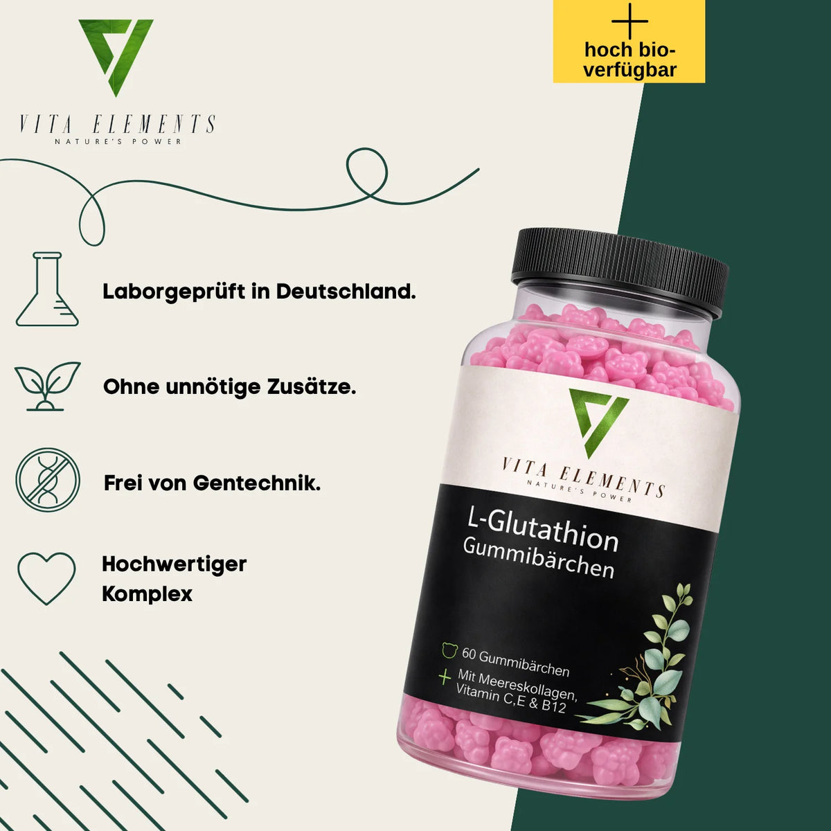 L-Glutathione Gummies |   Laboratory Tested in Germany |   Food Supplements |   With Vitamin C and Vitamin E |   With Collagen |   Fruity Gummy Candy |   Free from Genetic Modification |   60 Gummy Bears