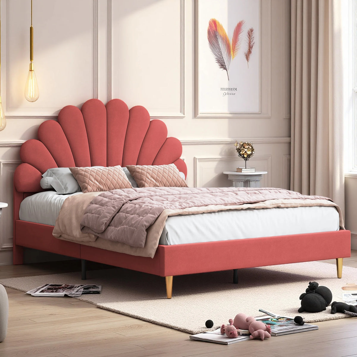 Creahappy, 140×200 cm Double Bed, Teen Bed, Girls’ Bed, Children’S Bed, Upholstered Bed, Kids’ Bed, Secondary Bedroom Bed, Guest Room Bed, Sturdy And Quiet Bed Frame, Trendy “Girl-Style” Bedroom Bed Frame, Velvet,