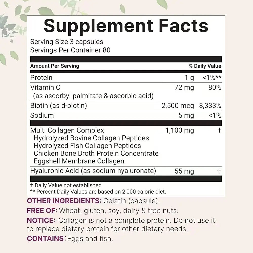 Micro-Ingredient Multi-Collagen Peptide Pills, 240 capsules. Suitable for both women and men. Type I, II, III, V, and X hydrolyzed collagen supplements, containing biotin, hyaluronic acid, and vitamin C, with no fillers.