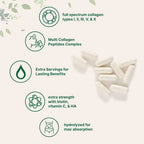 Micro-Ingredient Multi-Collagen Peptide Pills, 240 capsules. Suitable for both women and men. Type I, II, III, V, and X hydrolyzed collagen supplements, containing biotin, hyaluronic acid, and vitamin C, with no fillers.