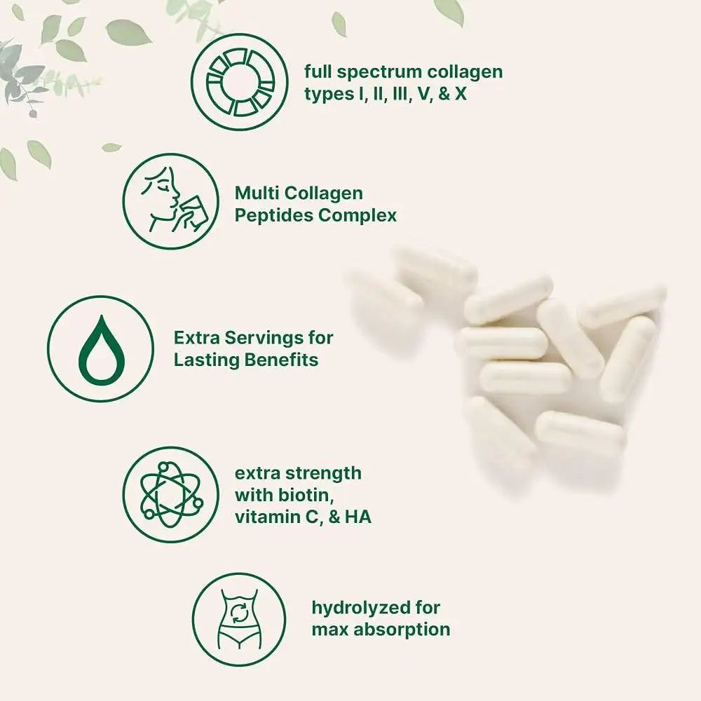 Micro-Ingredient Multi-Collagen Peptide Pills, 240 capsules. Suitable for both women and men. Type I, II, III, V, and X hydrolyzed collagen supplements, containing biotin, hyaluronic acid, and vitamin C, with no fillers.