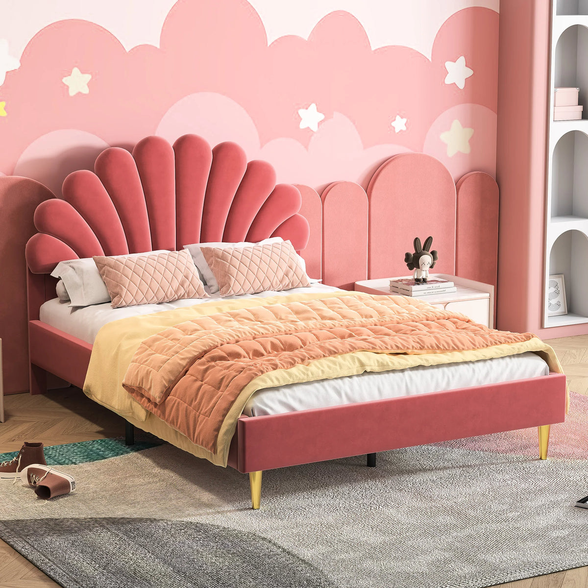 Creahappy, 140×200 cm Double Bed, Teen Bed, Girls’ Bed, Children’S Bed, Upholstered Bed, Kids’ Bed, Secondary Bedroom Bed, Guest Room Bed, Sturdy And Quiet Bed Frame, Trendy “Girl-Style” Bedroom Bed Frame, Velvet,