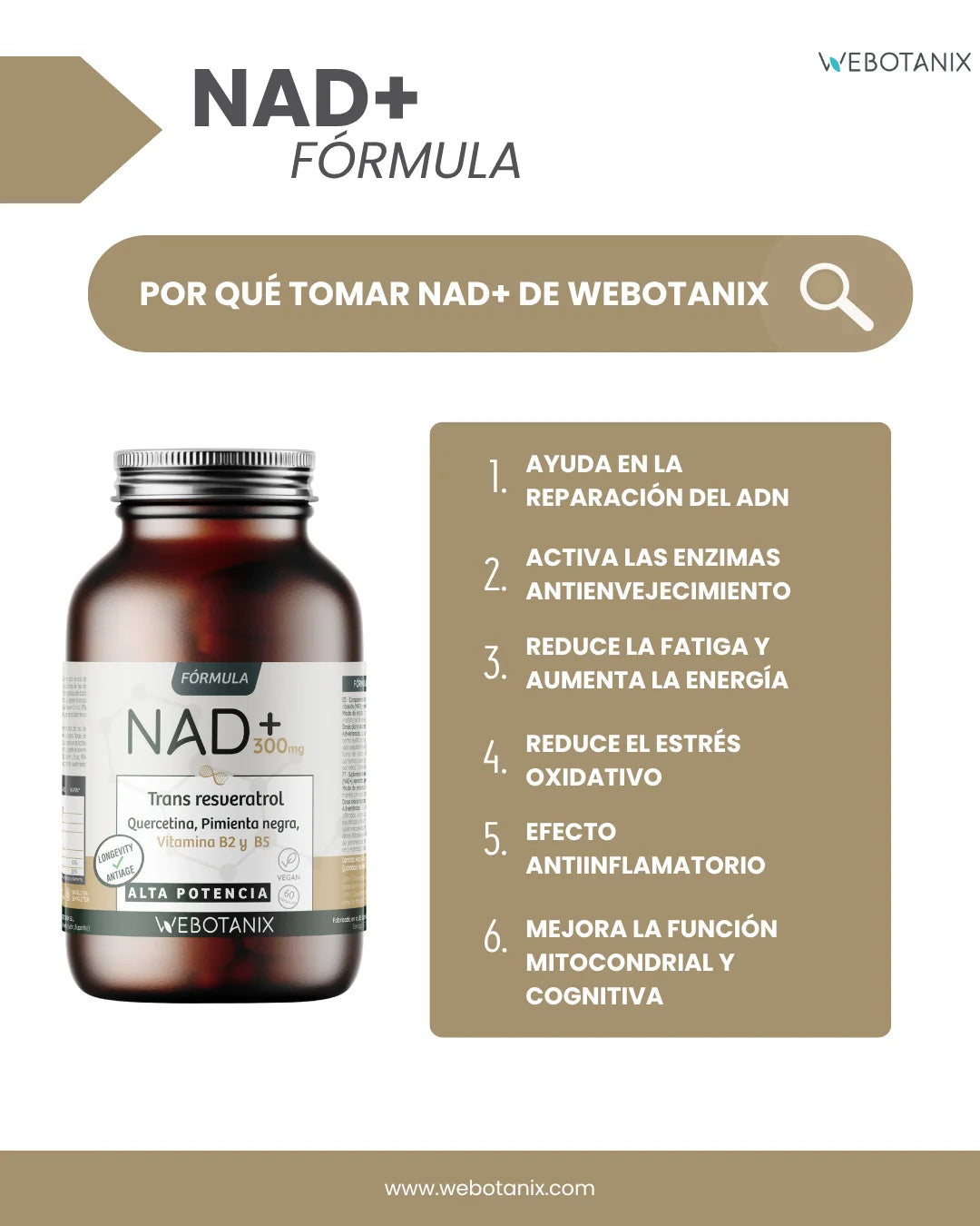 Webotanix. |   Nad+ formula with trans-resveratrol and quercetin |   60 capsules |   With vitamins b2 and b5 + piperine |   Cellular energy, repair and longevity |   Without gluten |   Vegan