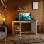 Miroytengo Tow Computer Desk with 3 Side Shelves, White Melamine Gaming Desk for Modern Office, Measures 136x75x60 cm, Ideal for Organizing Accessories and Tower, Easy Assembly.