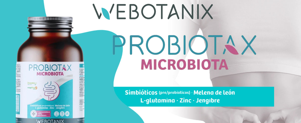 Webotanix. |   Probiotax microbiota capsules |   Symbiotic with megaflora 9 probiotics and inavea prebiotics |   With lion's mane, l-glutamine and zinc |   Digestive health and immunity |   60 capsules |   Vegan