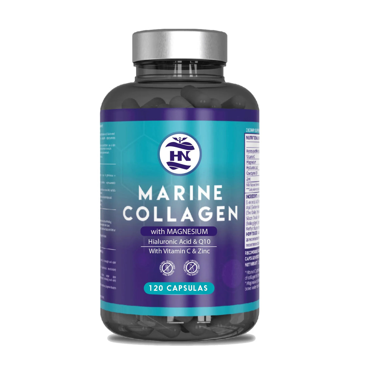 Hn healthy nutrition hydrolyzed marine collagen with hyaluronic acid, vitamin c, coenzyme q10, zinc and magnesium - 120 capsules - food supplement