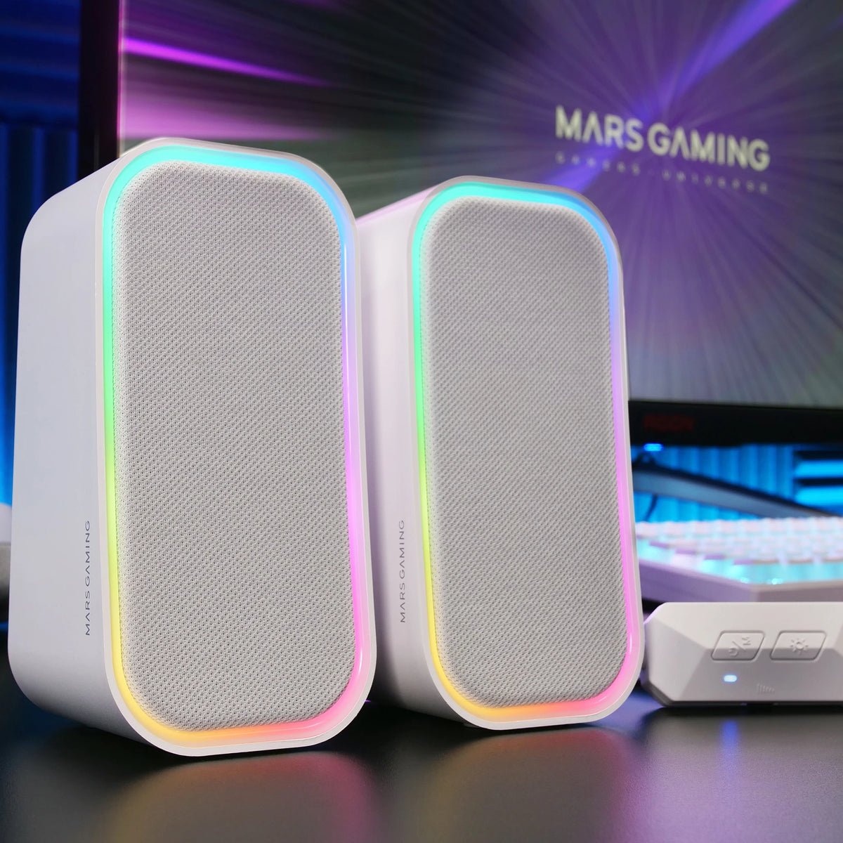 Mars Gaming MS-OM, 20W Gaming Speakers, RGB Dynamic Lighting, 5.3 + AUX-IN Bluetooth Speakers, Volume Control Box, DSP Chipset Customized, Universal Compatibility, Black or White Bluetooth Speakers
