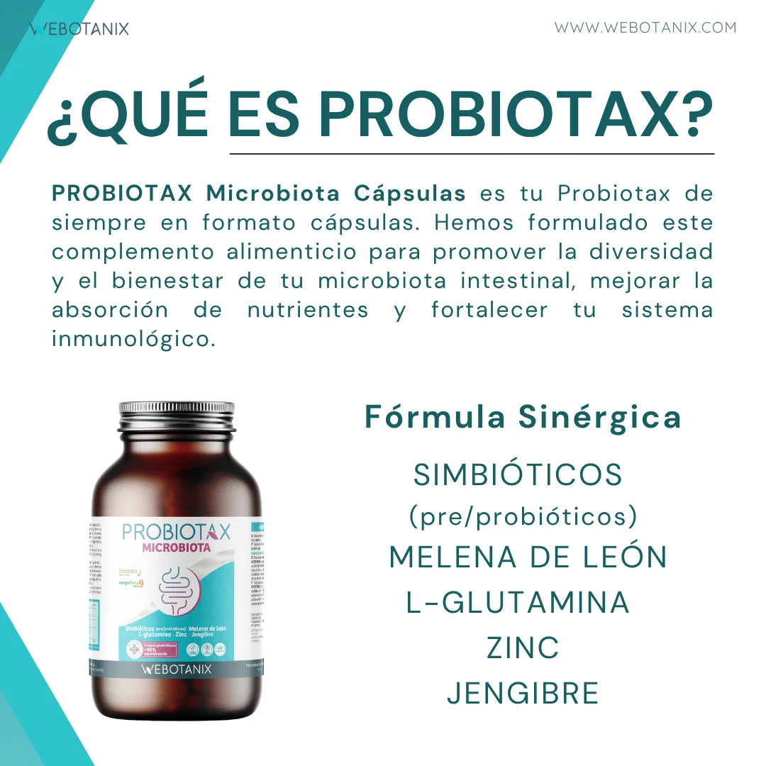 Webotanix. |   Probiotax microbiota capsules |   Symbiotic with megaflora 9 probiotics and inavea prebiotics |   With lion's mane, l-glutamine and zinc |   Digestive health and immunity |   60 capsules |   Vegan