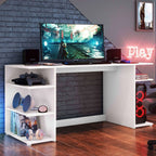 Miroytengo Tow Computer Desk with 3 Side Shelves, White Melamine Gaming Desk for Modern Office, Measures 136x75x60 cm, Ideal for Organizing Accessories and Tower, Easy Assembly.