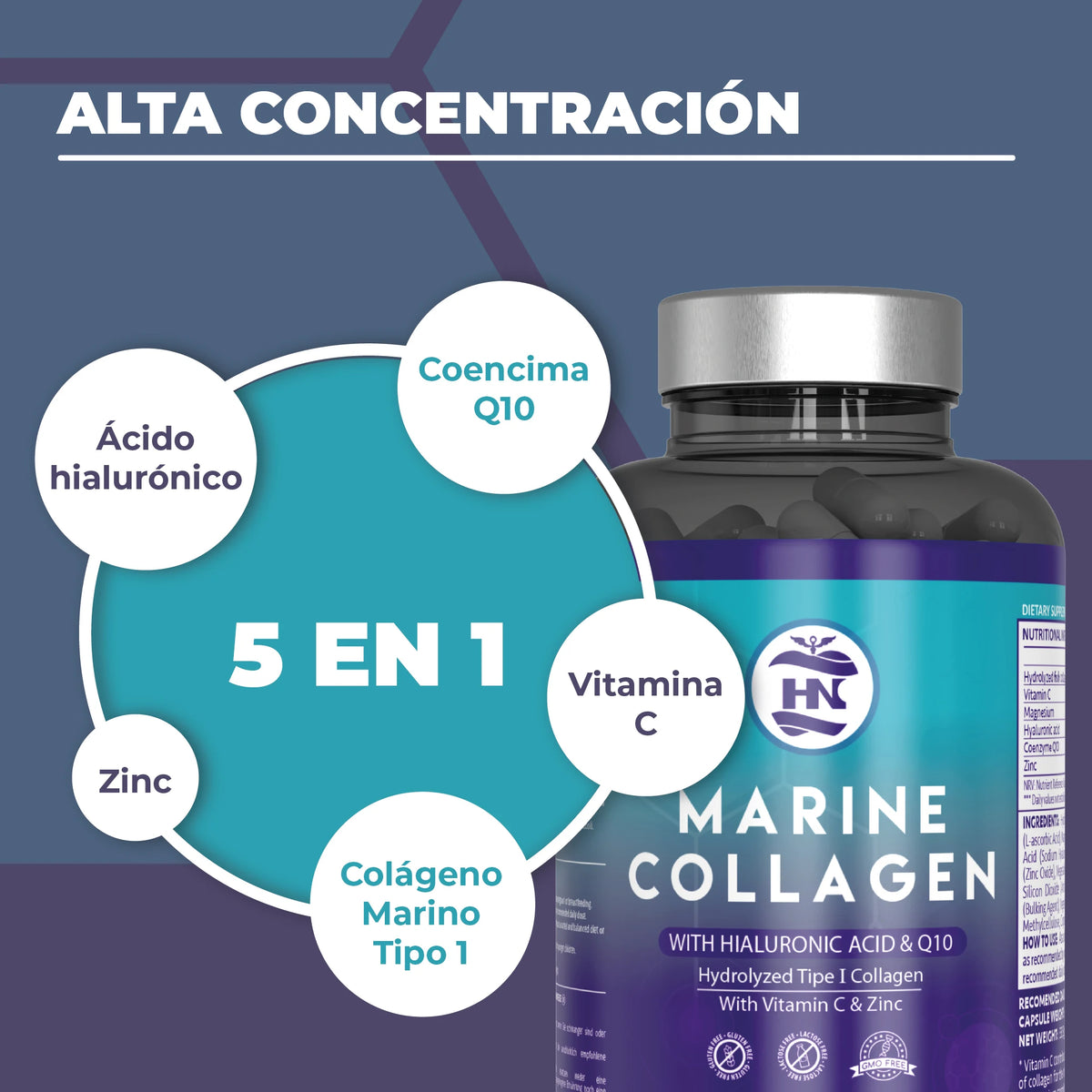 Hn healthy nutrition hydrolyzed marine collagen with hyaluronic acid, vitamin c, coenzyme q10, zinc and magnesium - 50 capsules - food supplement