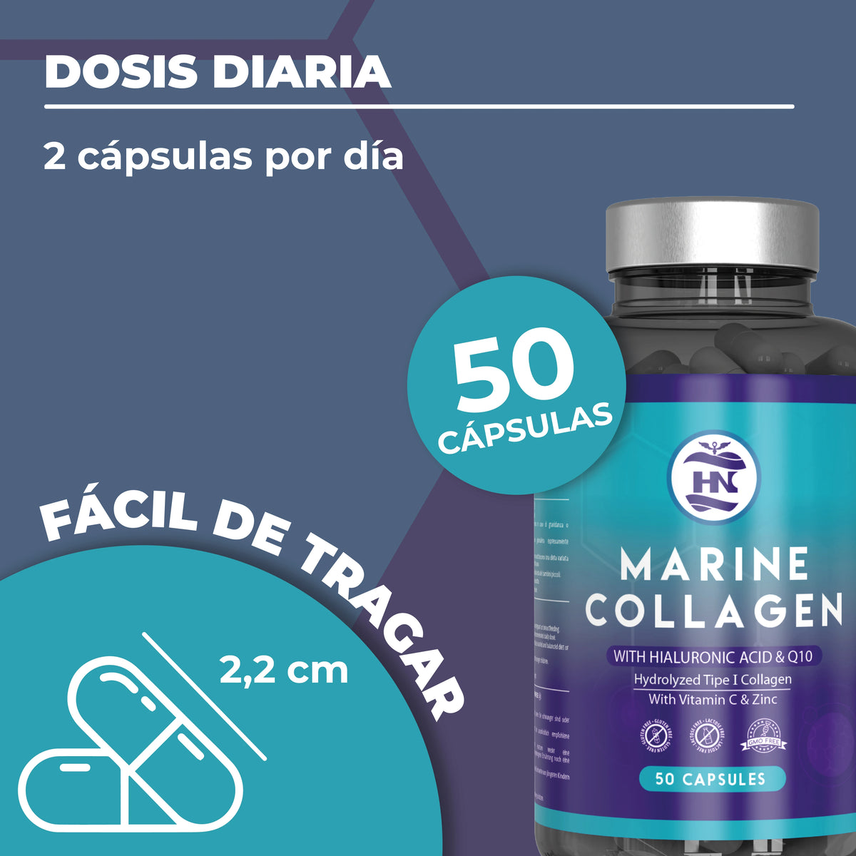 Hn healthy nutrition hydrolyzed marine collagen with hyaluronic acid, vitamin c, coenzyme q10, zinc and magnesium - 50 capsules - food supplement