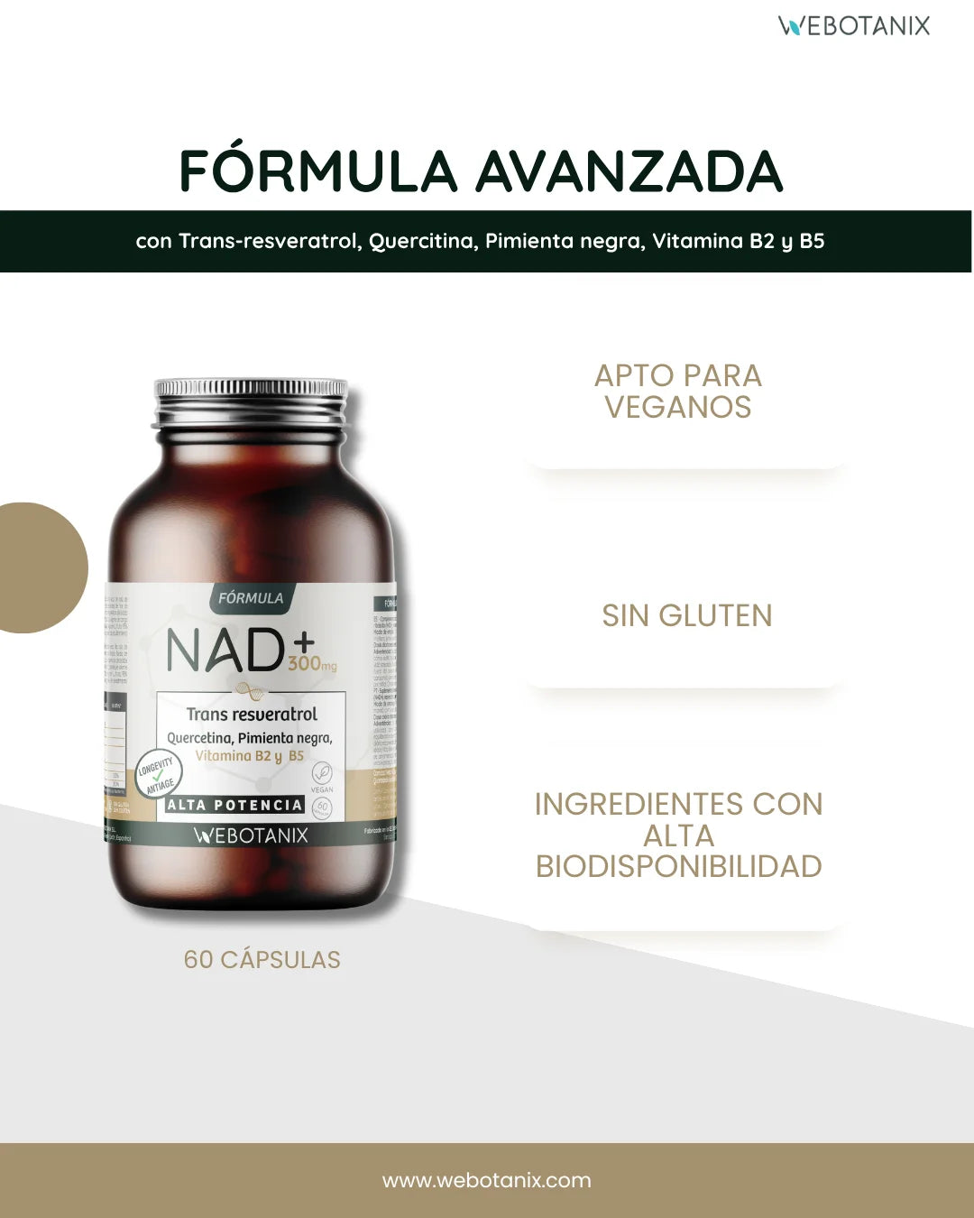 Webotanix. |   Nad+ formula with trans-resveratrol and quercetin |   60 capsules |   With vitamins b2 and b5 + piperine |   Cellular energy, repair and longevity |   Without gluten |   Vegan