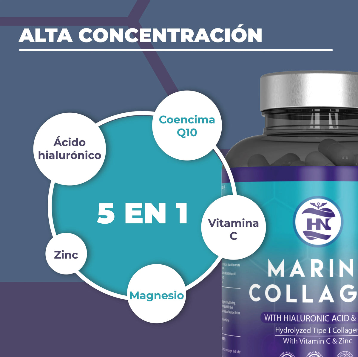 Hn healthy nutrition hydrolyzed marine collagen with hyaluronic acid, vitamin c, coenzyme q10, zinc and magnesium - 120 capsules - food supplement